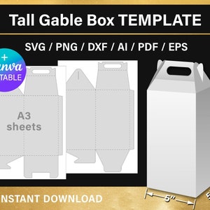 Tall Gable Box Template, with handle, DIY gift box, 5 x 5 x 8.75 inches, party favors box, png, Canva, svg, Cricut, instant download