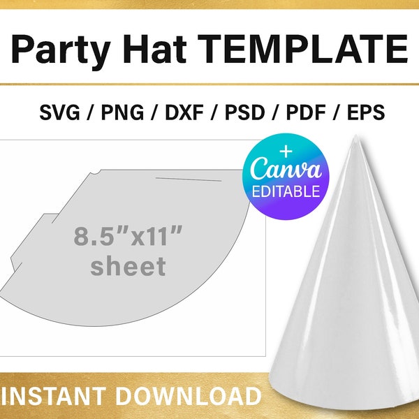 Party Hat Template, blank, DIY, party decorations, Canva, party favors, 8.5x11 sheet, cut file, svg, png, pdf, psd, instant download