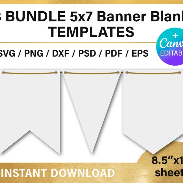 Blank banner template, BUNDLE, spearhead edge flag banner, dove tail, pennant garland, party decorations, svg, png, Canva, instant download