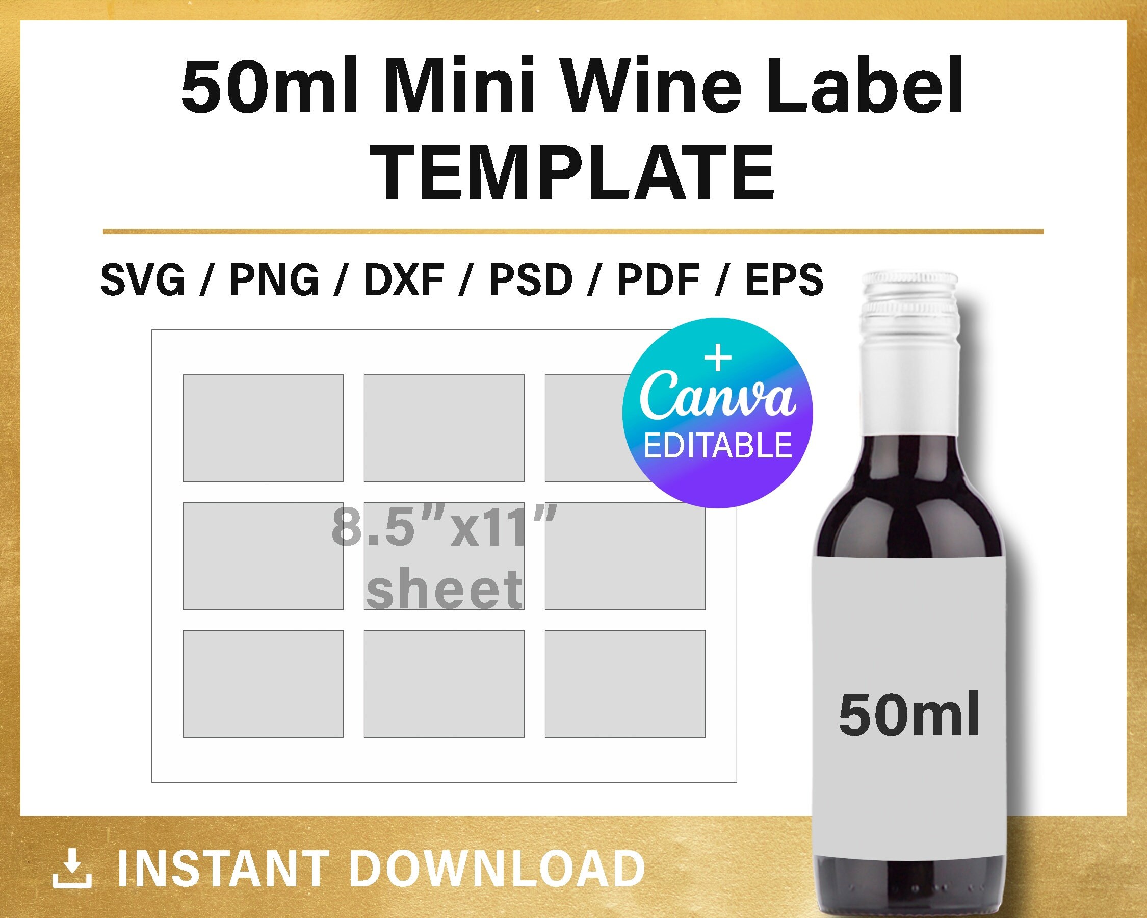 Modèle d'étiquettes de mini bouteille de vin de 1,7 oz, 50 ml, SVG