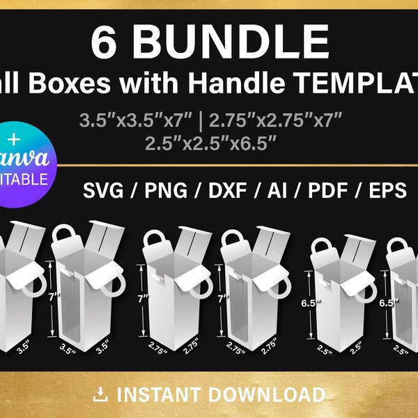 6 Tall Box Bundle, Blank Template, with handle & with window, DIY gift box, png, Canva, svg, Cricut, instant download