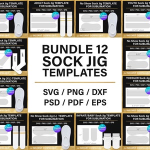 12 Plantilla en blanco Sock Jig, BIG BUNDLE, bebé / joven / adulto, S, M, L, Canva, Cricut, svg, png, psd, archivo cortado, bricolaje, descarga instantánea