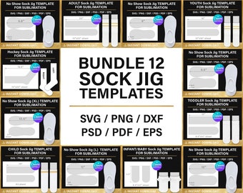12 Sock Jig blank template, BIG BUNDLE, baby | youth | adult, S, M, L, Canva, Cricut, svg, png, psd, cut file, DIY, instant download