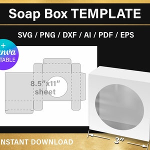 Plantilla de caja de jabón, caja de regalo con ventana redonda, bricolaje, embalaje de jabón, png, Canva, svg, Cricut, imprimible, plantilla en BLANCO, descarga instantánea