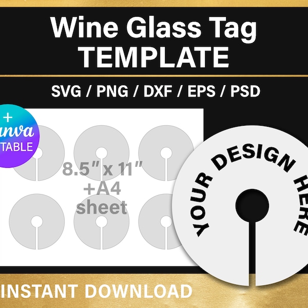 Wine Glass Name Tag Blank Template, 3 inches, 8.5x11" sheet, custom, DIY, svg, png, psd, Canva, Cricut, printable, instant download