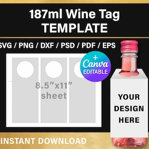 Weinanhänger Vorlage, Mini Weinflasche Geschenkanhänger, BLANK Vorlage, 3x7,5 Zoll, 187 ml, Cricut, Canva, svg, png, psd, sofort Download