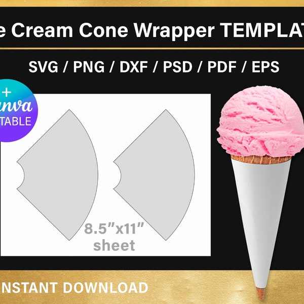 Ice Cream Cone Wrapper BLANK Template, DIY party decorations, sugar cone wrap, svg, png, svg, Canva, Cricut, instant download