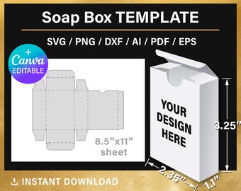Può includere: Un modello di scatola per sapone stampabile con sfondo bianco e testo nero. Il modello è progettato per essere stampato su un foglio di carta di 8,5 x 11 pollici. Il modello include una linguetta che può essere piegata per creare una scatola. Il testo sul modello dice "Il tuo design qui".