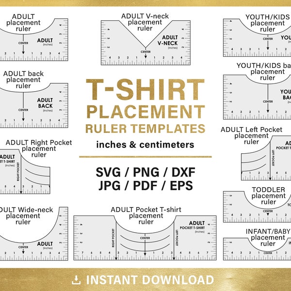 Tshirt Ruler svg, BIG BUNDLE, outil d'alignement de t-shirt svg, modèle d'outil de centrage, guide de placement de chemise, pouces et centimètres