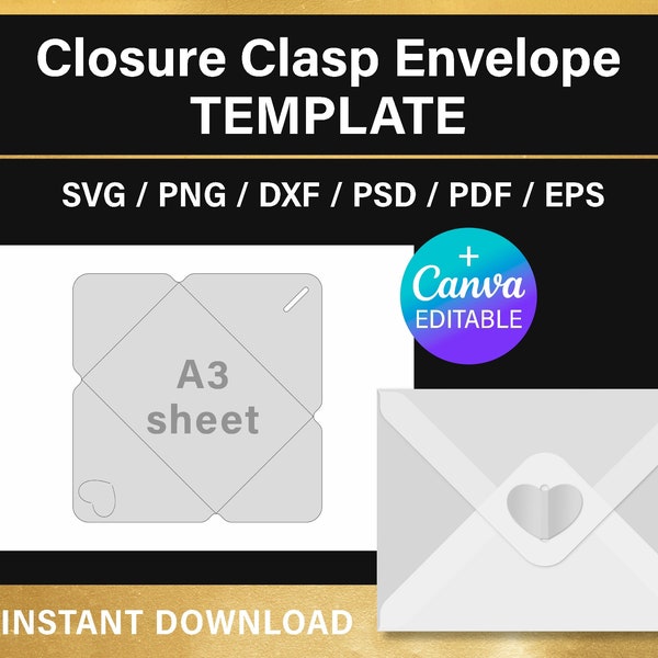 Heart clasp envelope, blank template, heart closure clasp, svg, pdf, cut file, DIY, Cricut, outline, Canva, printable, instant download