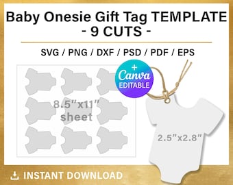 Baby Onesie gift tag BLANK template, baby bodysuit shape thank you tags, DIY, baby shower favor tags, Canva, Cricut, Silhouette