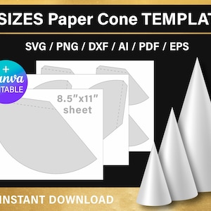 Plantilla de cono de papel, PAQUETE, en blanco, decoraciones de fiesta de bricolaje, Pequeño / Mediano / Grande, svg, png, svg, Canva, Cricut, descarga instantánea