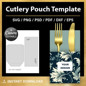 Plantilla de bolsa de cubiertos, porta cubiertos svg, editable, plantilla en blanco de papel para cubiertos, bricolaje, decoraciones de fiesta, png, Canva, descarga instantánea