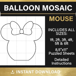 Puede incluir: Esquema imprimible en blanco y negro de una cabeza de ratón con un lazo, etiquetado como "Balloon Mosaic Mouse". Incluye todos los tamaños de 1 pie a 6 pies, hojas de rompecabezas de 8,5" x 11" e instrucciones detalladas. Descarga instantánea.