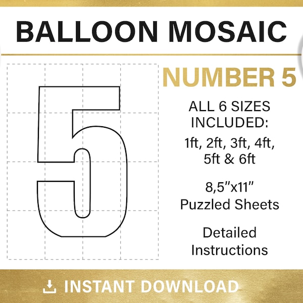 numero 5, Mosaico da palloncini, alto, modello a cinque numeri, palloncino con cornice a mosaico, numeri, tutte le dimensioni, PDF, download immediato