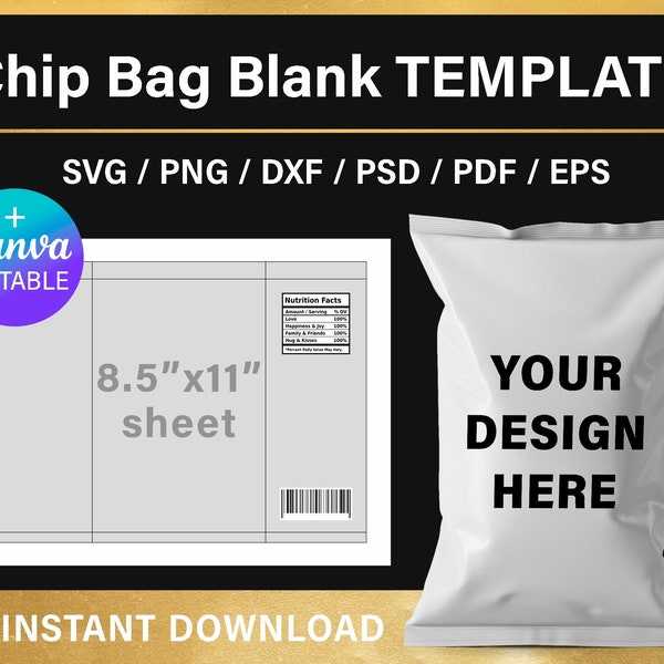 chip bag, Blank Template, 8.5x11" sheet, Potato Chip Bag, custom, DIY, svg, png, psd, Canva, Cricut, printable, instant download