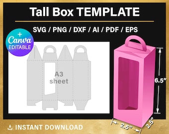 Tall Box Template, with handle, DIY gift box, 2.5 x 2.5 x 6.5 inches, party favors box, Canva, svg, Cricut, printable, instant download