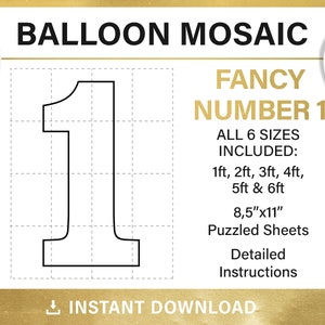 May include: A printable template for a balloon mosaic of the number 1. The template includes six sizes: 1 foot, 2 feet, 3 feet, 4 feet, 5 feet, and 6 feet. The template is printed on 8.5 inch by 11 inch sheets and includes detailed instructions.