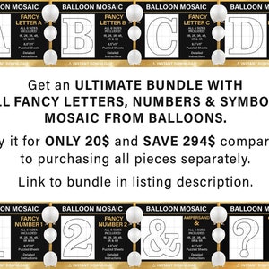 May include: A digital download of printable templates for creating balloon mosaics. The templates include letters A through D, numbers 1 and 2, an ampersand, and a question mark. Each template is available in six sizes, from 1 inch to 8.5 inches. The templates are designed to be printed on 8.5x11 inch paper and then cut out and used to create balloon mosaics.