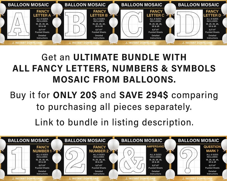 May include: A digital download of printable templates for creating balloon mosaics. The templates include letters A through D, numbers 1 and 2, an ampersand, and a question mark. Each template is available in six sizes, from 1 inch to 8.5 inches. The templates are designed to be printed on 8.5x11 inch paper and then cut out and used to create balloon mosaics.