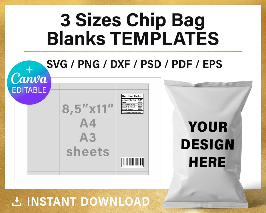 3 Sizes Chip Bag Blank Template BUNDLE Cricut Canva Silhouette
