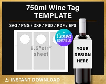 Sjabloon 750 ml wijnfles label blanco, DIY wijnfles gunsttags, 3 x 7,5 inch, 750 ml, canva, Cricut, svg, png, psd, instant download