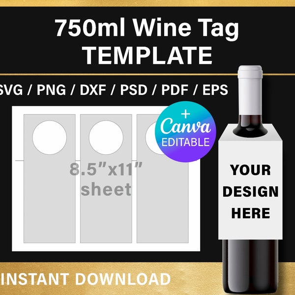 750 ml Wine Bottle Tag Blank template, DIY wine bottle favor tags, 3x7.5 inches, 750 ml, Canva, Cricut, svg, png, psd, instant download