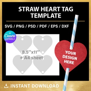 Puede incluir: Una plantilla imprimible para crear etiquetas de corazón de paja. La plantilla incluye cuatro formas de corazón en una hoja de papel de 21,6 cm x 27,9 cm. La plantilla está diseñada para ser utilizada con una pajita, y el corazón se puede personalizar con un diseño. El texto en la imagen dice "Plantilla de etiqueta de corazón de paja", "SVG / PNG / PSD / PDF / EPS / DXF", "21,6 cm x 27,9 cm" + hoja A4", "Su diseño aquí", y "Descarga instantánea".