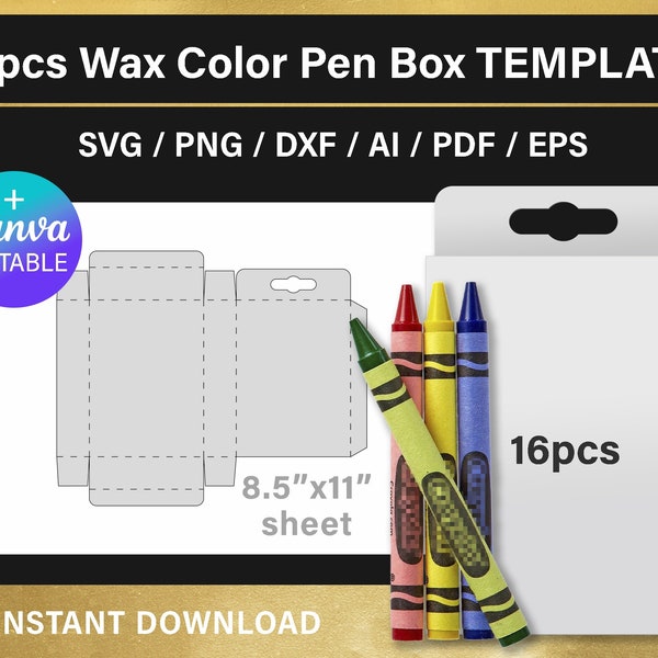 16 Wax Color Pen gift box BLANK template, DIY, 16 crayon box, mini crayon box, png, Canva, svg, Cricut, printable, instant download