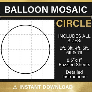 May include: Black and white printable template for a balloon mosaic in the shape of a circle. The template includes instructions and all sizes from 2 to 7 feet. The template is 8.5 inches by 11 inches.