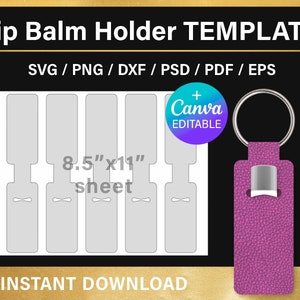 Peut inclure: Un mod&egrave;le imprimable pour un porte-baume &agrave; l&egrave;vres en forme de porte-cl&eacute;s. Le mod&egrave;le comprend quatre designs de porte-baume &agrave; l&egrave;vres sur une feuille de 8,5" x 11". Le mod&egrave;le est modifiable dans Canva. Un porte-cl&eacute;s en cuir rose avec un porte-baume &agrave; l&egrave;vres argent&eacute; est pr&eacute;sent&eacute; &agrave; titre d'exemple.