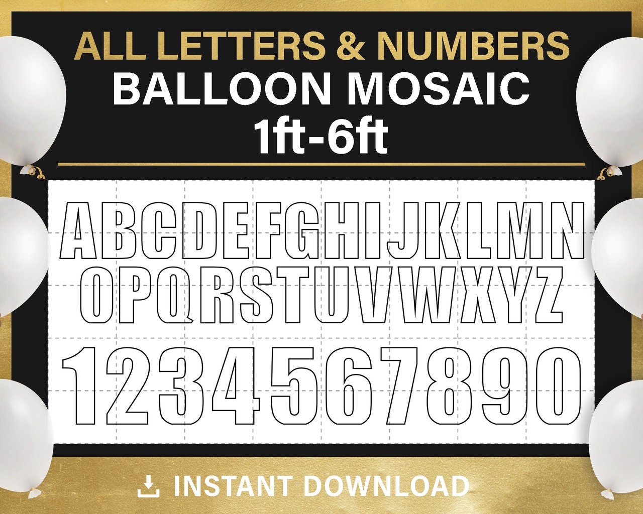 letters and numbers mosaic frame template from balloons, BIG BUNDLE, 1ft, 2ft, 3ft, 4ft, 5ft, 6ft, all sizes, PDF, instant download