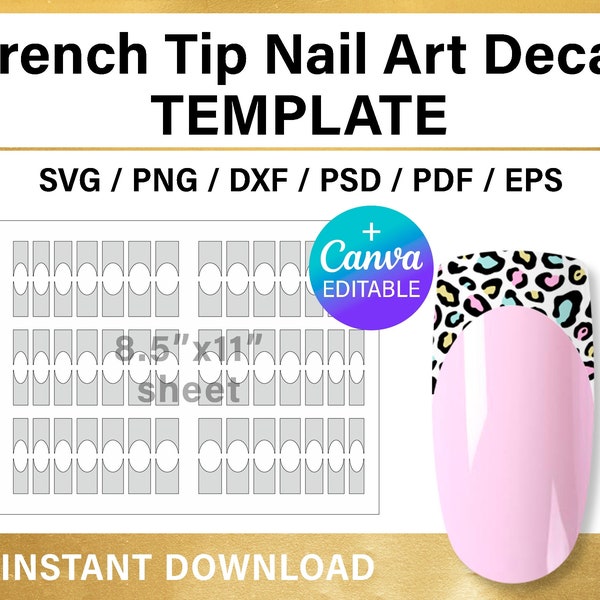 French Tip Nail BLANK template, nail art decal, custom wrap, nail template SVG, png, CANVA, Cricut, printable, instant download