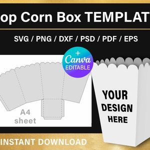 Pu&ograve; includere: Un modello stampabile per una scatola di popcorn. Il modello &egrave; progettato per essere stampato su un foglio A4. Il modello include un design per il davanti della scatola, che dice "YOUR DESIGN HERE".