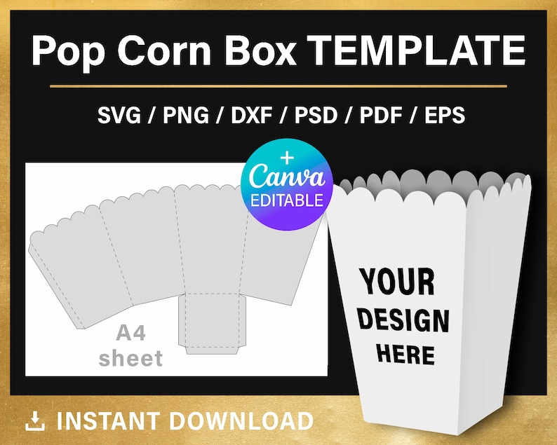 Pu&ograve; includere: Un modello stampabile per una scatola di popcorn. Il modello &egrave; progettato per essere stampato su un foglio A4. Il modello include un design per il davanti della scatola, che dice "YOUR DESIGN HERE".