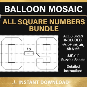 mosaic from balloons, square numbers, BUNDLE, tall, all numbers template, 1ft, 2ft, 3ft, 4ft, 5ft, 6ft, all sizes, PDF, instant download
