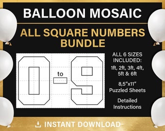 mosaic from balloons, square numbers, BUNDLE, tall, all numbers template, 1ft, 2ft, 3ft, 4ft, 5ft, 6ft, all sizes, PDF, instant download