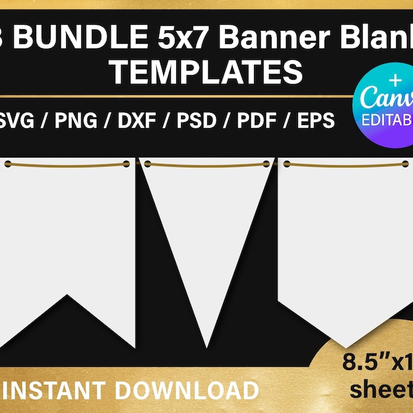 Blank banner template, BUNDLE, spearhead edge flag banner, dove tail, pennant garland, party decorations, svg, png, Canva, instant download