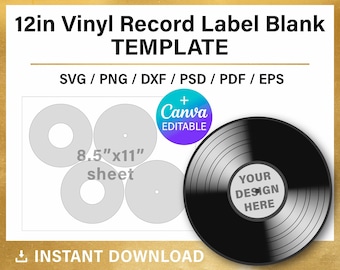 12 inches Vinyl Record label BLANK template, DIY, Canva, Cricut, Silhouette Studio, Photoshop, svg, png, pdf, psd, instant download