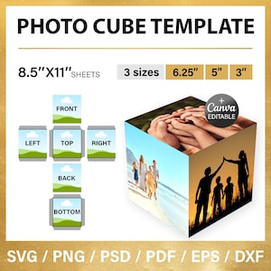 Pode incluir: Modelo de cubo de fotos com o texto "PHOTO CUBE TEMPLATE". O modelo inclui um design de cubo com o texto "FRONT", "LEFT", "TOP", "RIGHT", "BACK" e "BOTTOM". O modelo está disponível em 3 tamanhos: 15,88 cm, 12,7 cm e 7,62 cm.