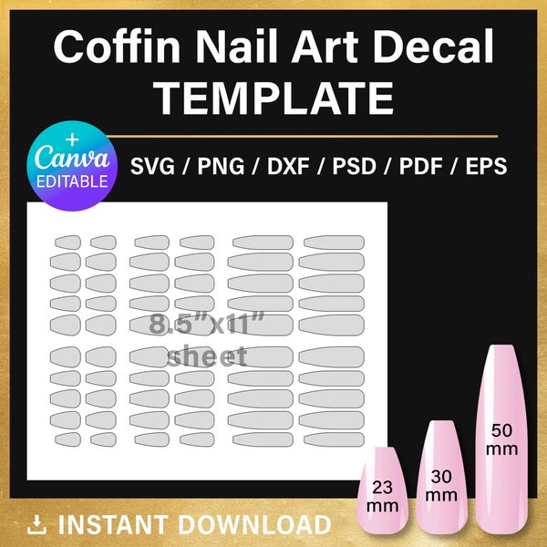 Coffin shaped nail BLANK template, nail art decal, DIY, custom, short nail template, png, Canva, Cricut, printable, instant download