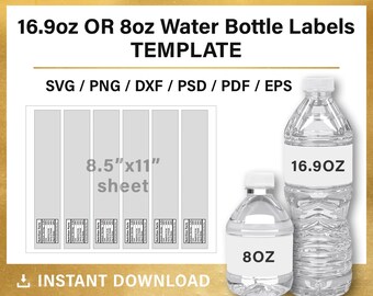 16.9 oz and 8 oz water bottle label, BUNDLE, blank template, 500 ml water bottle, full wrap, svg, png, pdf, psd, instant download