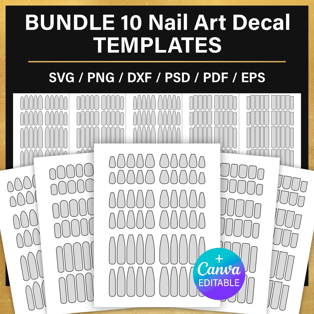 Nail Art Decal Blank Template, BIG BUNDLE, Squoval Oval Square