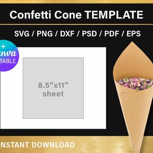 Plantilla EN BLANCO de cono de confeti, conos personalizados DIY para confeti de boda, 16x16 cm, png, svg, Canva, Cricut, archivo cortado, descarga instantánea