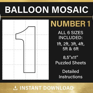 number 1, Mosaic from balloons, tall, one number template, mosaic numbers, 1ft, 2ft, 3ft, 4ft, 5ft, 6ft, all sizes, PDF, instant download