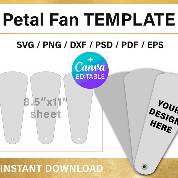 Petal fan BLANK template, DIY, paddle fan, wedding fan, printable, 3x7 inches, Canva, Cricut, Photoshop, png, svg, psd, instant download