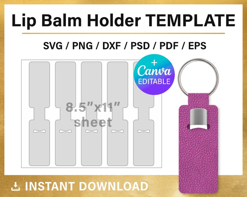 Peut inclure: Un mod&egrave;le imprimable pour un porte-baume &agrave; l&egrave;vres en forme de porte-cl&eacute;s. Le mod&egrave;le comprend cinq designs de porte-baume &agrave; l&egrave;vres sur une feuille de 8,5 x 11 pouces. Le mod&egrave;le est &eacute;galement modifiable dans Canva. Un porte-cl&eacute;s en cuir rose pour baume &agrave; l&egrave;vres est pr&eacute;sent&eacute; &agrave; titre d'exemple.