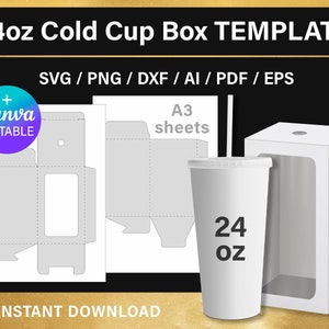 24oz Cold Cup Box Template with window and lid, DIY, gift box template, png, Canva, svg, Cricut, printable, instant download