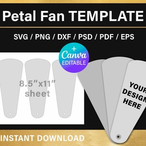 Petal fan, blank template, paddle fan, wedding fan, printable, 3x7 inches, Canva, Cricut, SVG, PNG, PSD, instant download