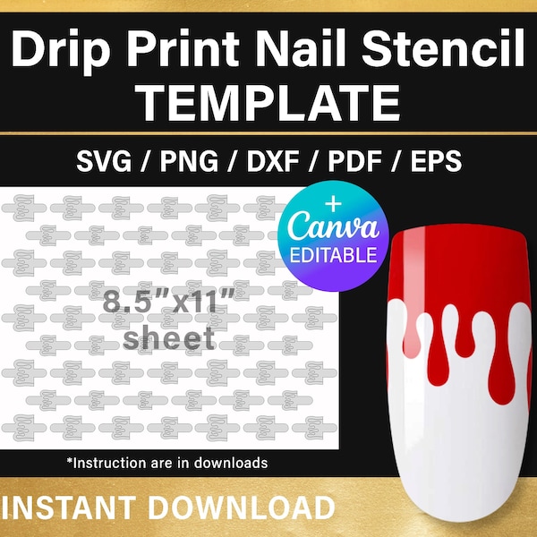 Drip Print Nail Stencil template, nail art svg, blood drip nail stencil, nail template SVG, png, printable, Canva, Cricut, instant download